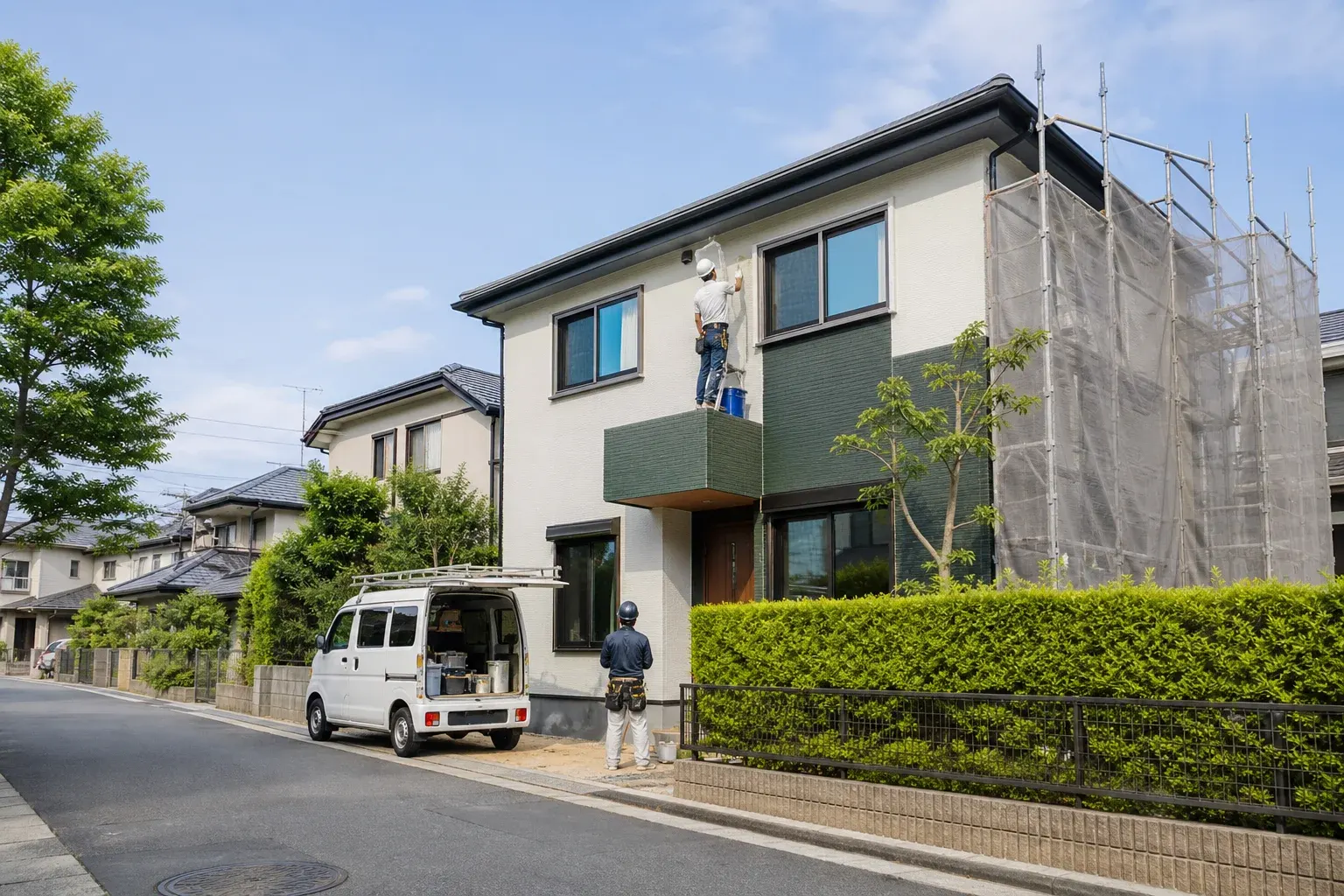 リフォーム中の日本の戸建て住宅（外壁の塗り替え・窓の交換）