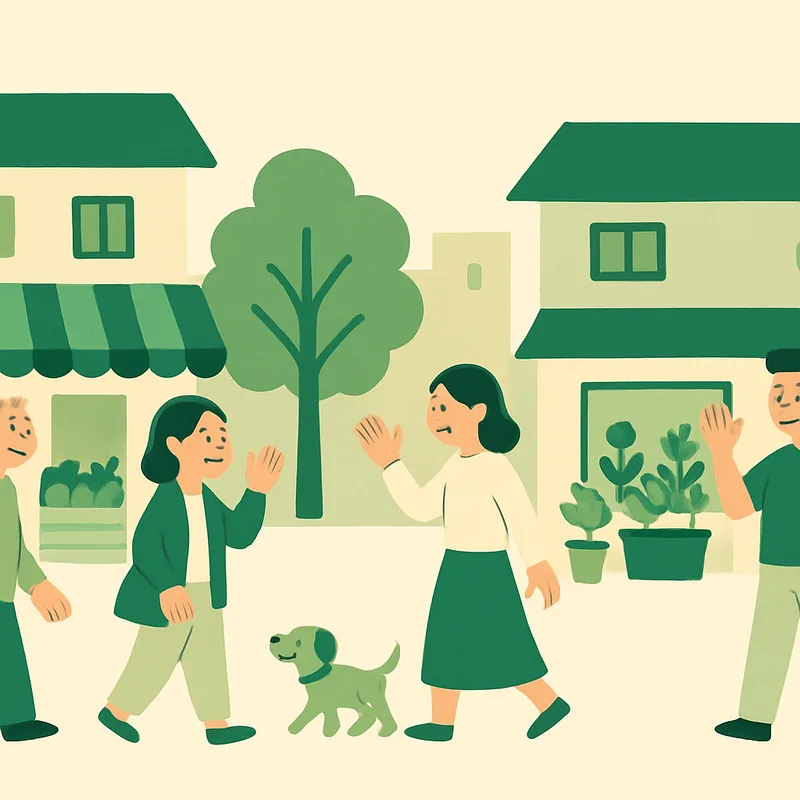 ご近所どうしがあいさつする、まちホームのイメージイラスト