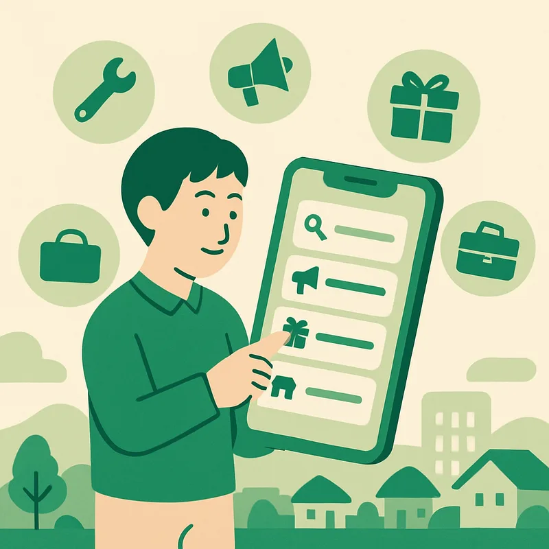 スマートフォンでカテゴリを選んで投稿するイラスト